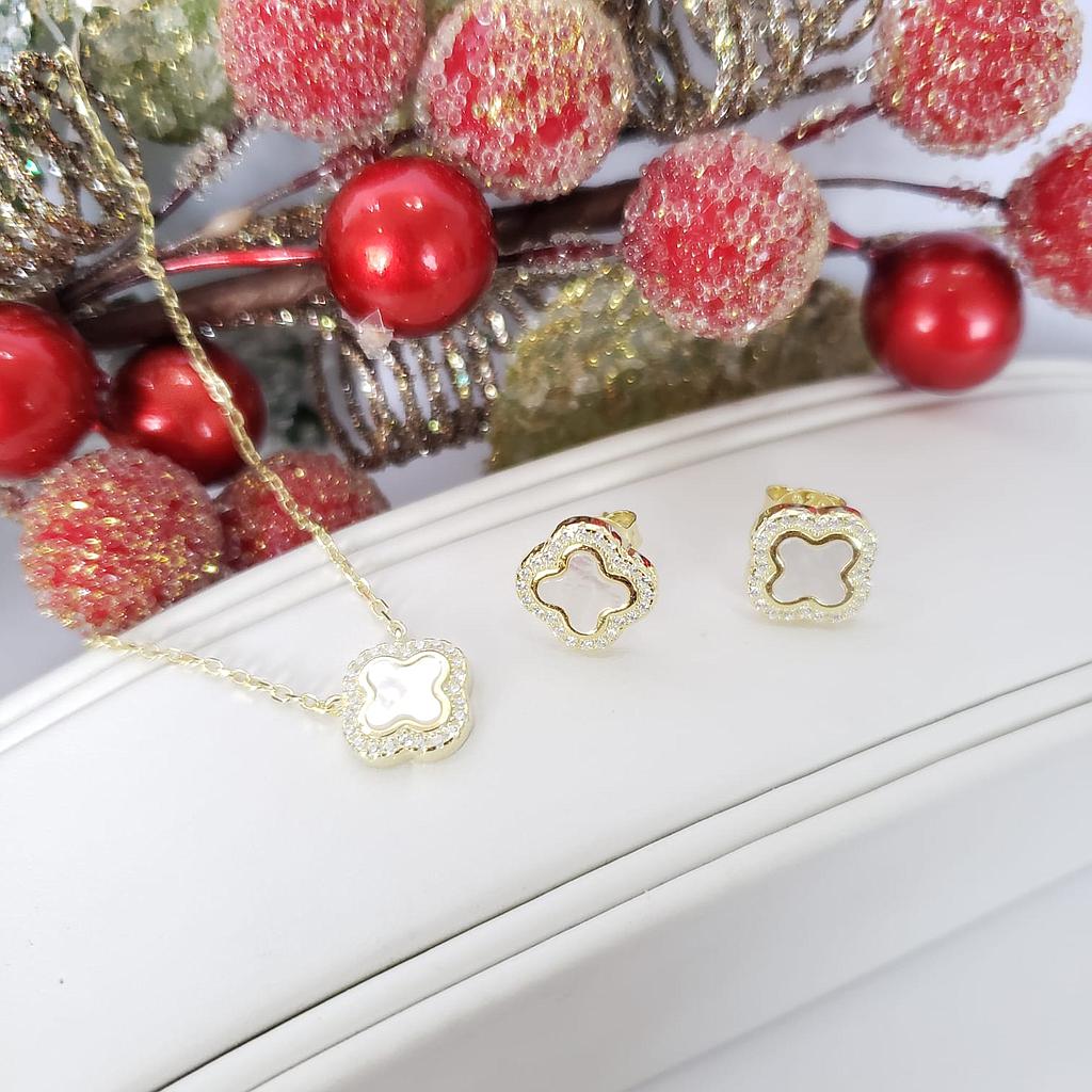 CONJUNTO VAN CLEEF GARGANTILLA Y ARETES PLATA 925 ORO 18K